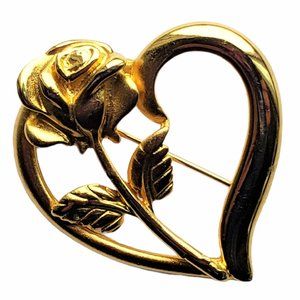 Pin - Vintage - Gold Tone Rosebud Heart